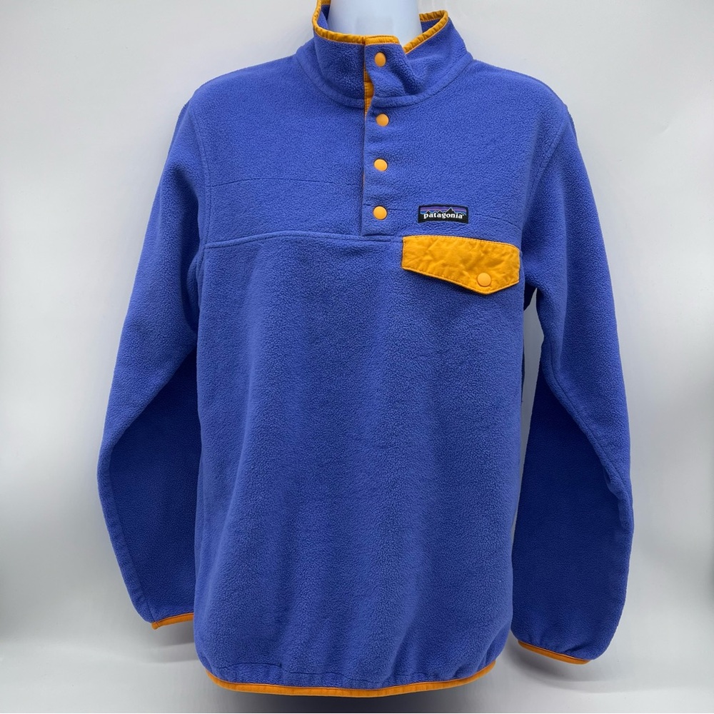 Patagonia Women’s Synchilla Snap T Pullover Blue & Gold Fleece Sweatshirt Size S